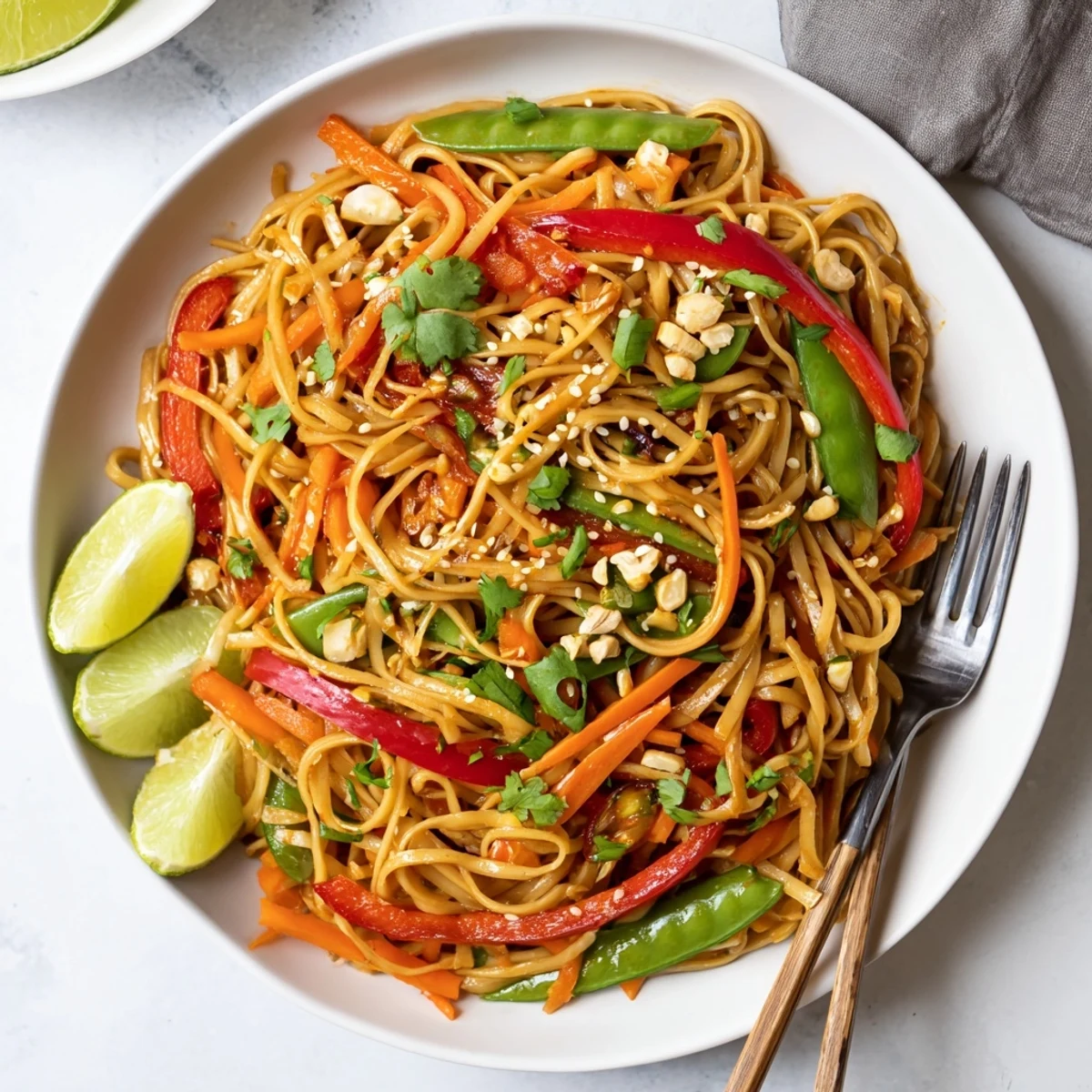 Hot Rice Noodle Stir Fry in a skillet, loaded with crisp snap peas and red bell peppers, topped with fresh cilantro and lime wedges.