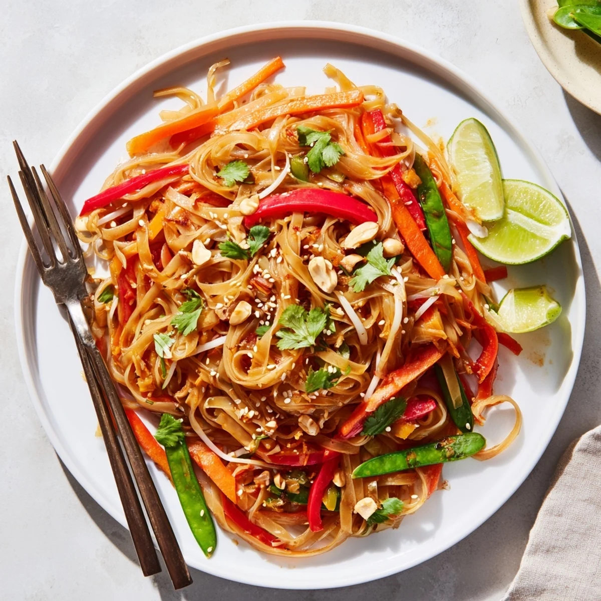 Close-up of Rice Noodle Stir Fry with glossy sauce coating tender noodles, julienned carrots, and bean sprouts, garnished with sesame seeds.