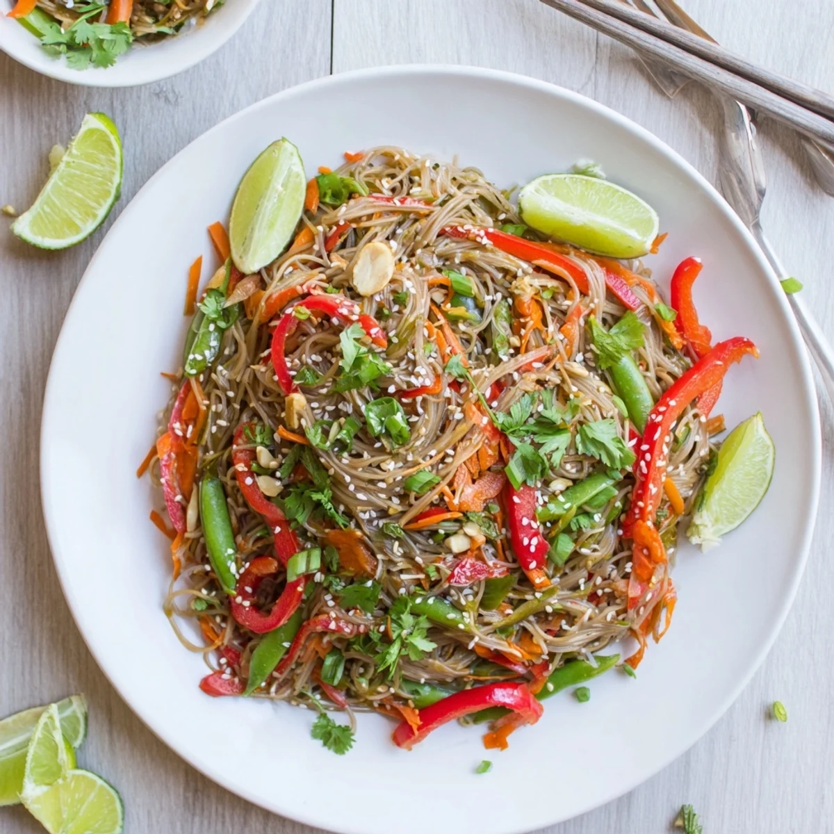 Sizzling Rice Noodle Stir Fry served on a white plate, mixed with colorful vegetables and sliced spring onions, ready to eat.