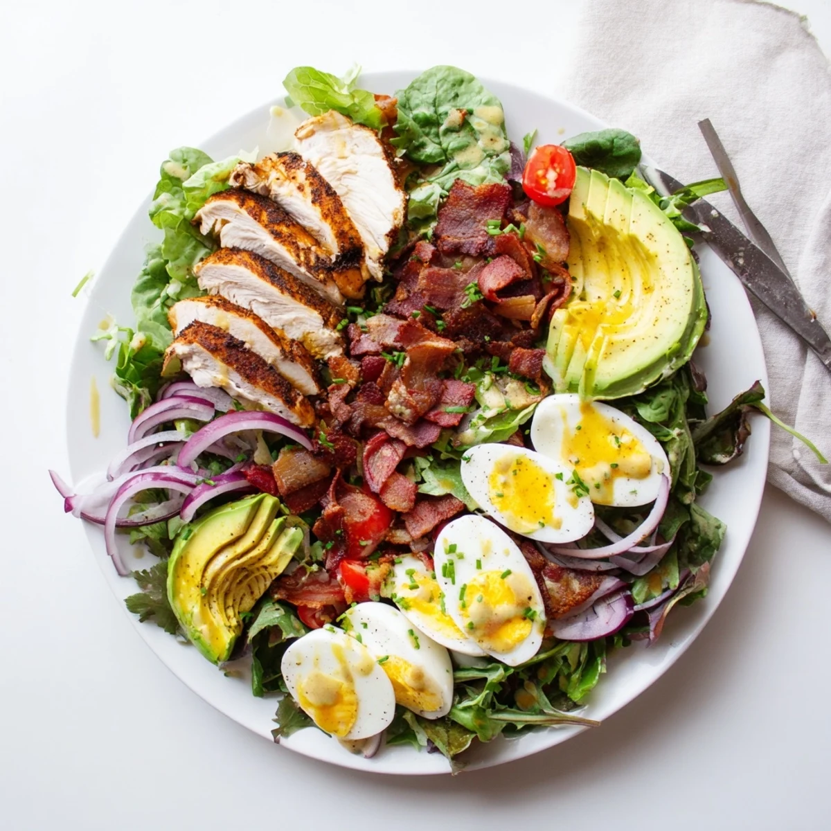 A vibrant bowl of the Paleo Grilled Chicken Cobb Salad With Honey Dijon Dressing drizzled with tangy dressing, ready to serve.