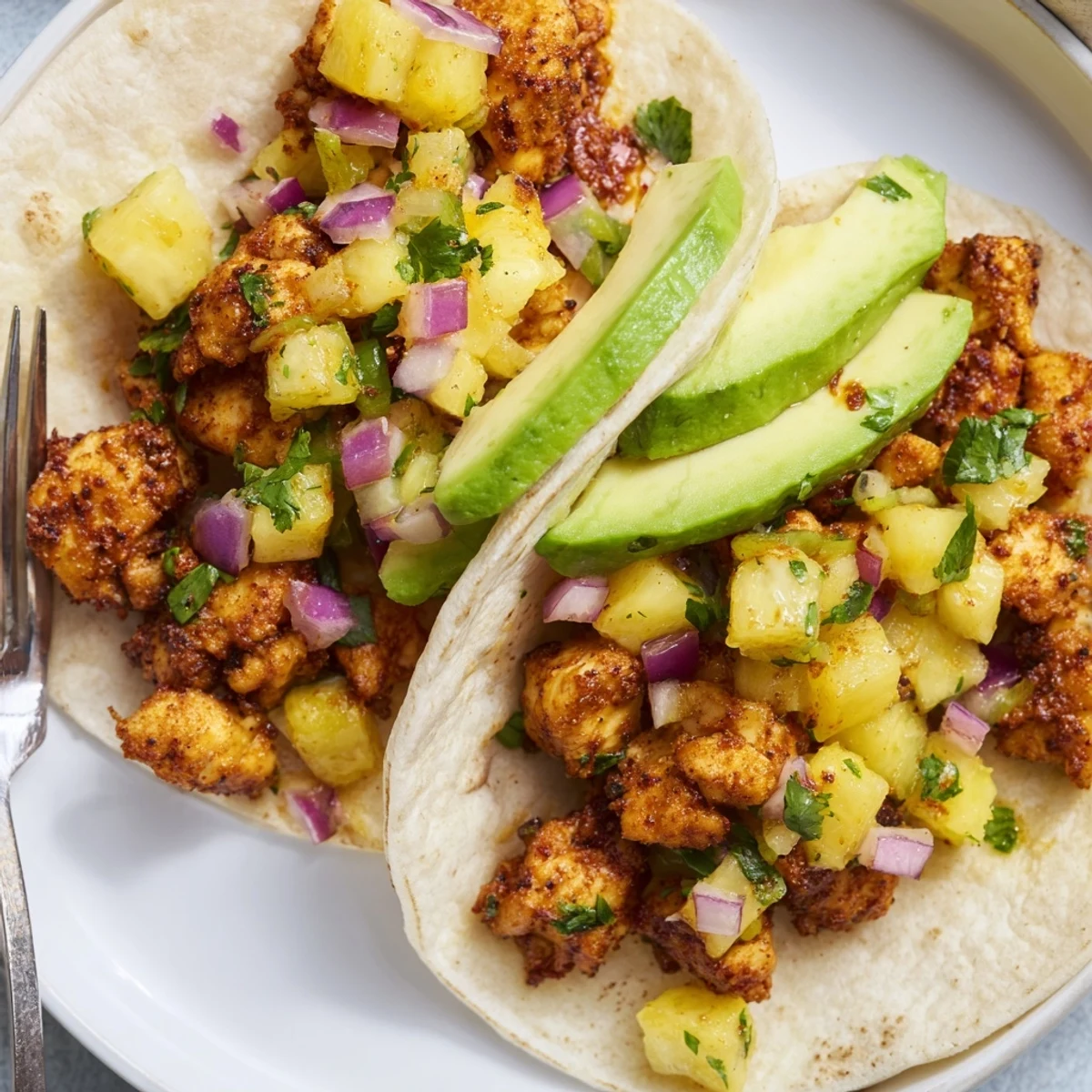 Colorful plate of Pineapple Chicken Tacos with cilantro garnish and lime wedges, perfect for a quick, flavorful weeknight dinner recipe.