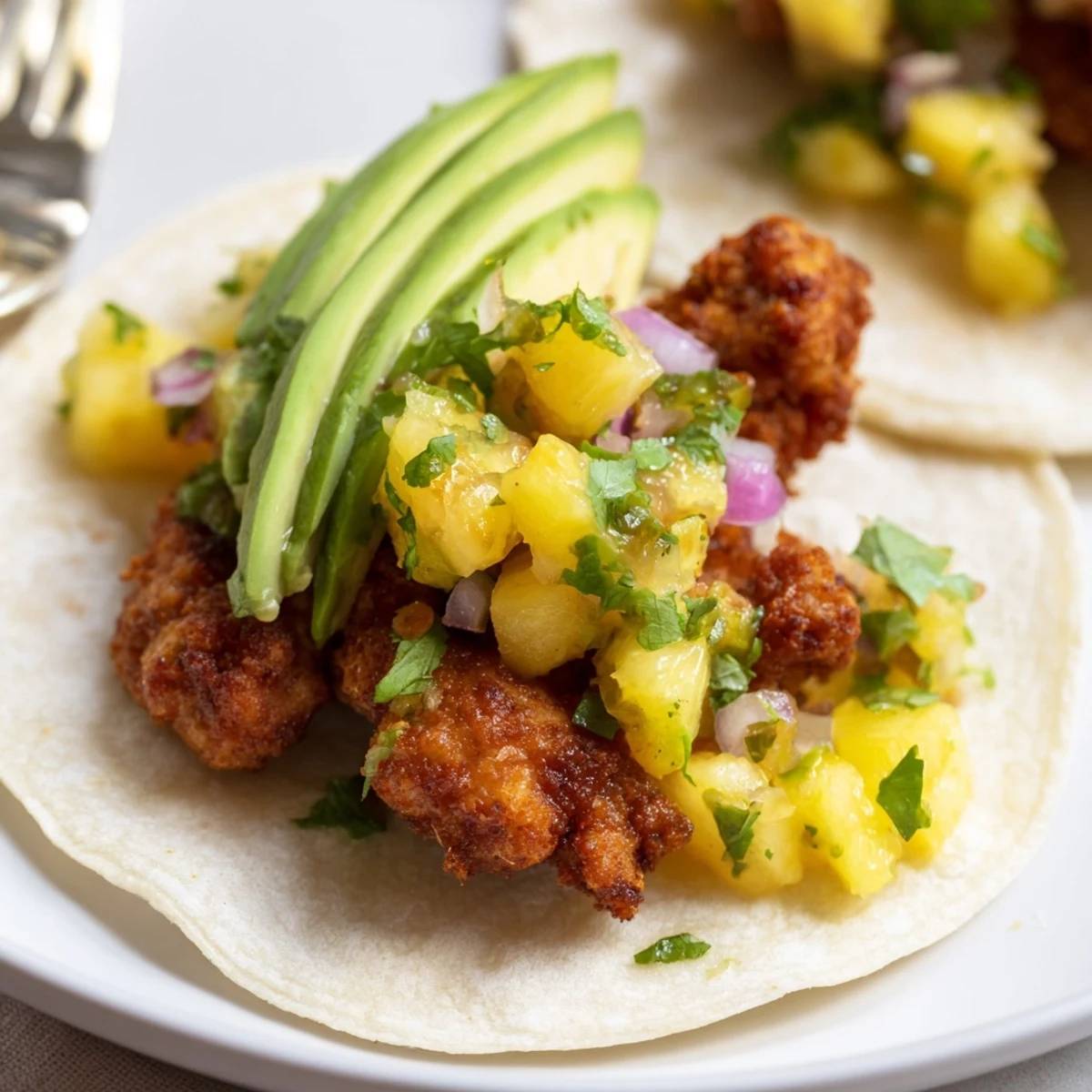 Freshly assembled Pineapple Chicken Tacos on a rustic table, featuring tender chicken, diced pineapple salsa, and creamy avocado in soft tortillas.