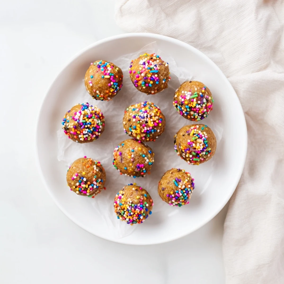 A bowl of Birthday Cake Batter Protein Balls beside a glass of milk, ideal healthy snack for parties.