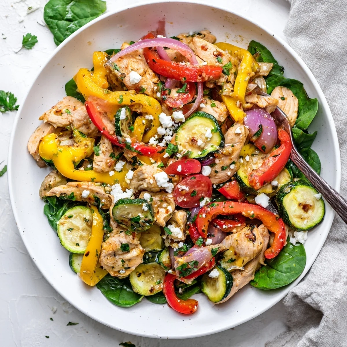 Bright Mediterranean Chicken Stir Fry with golden chicken, colorful peppers, and fresh spinach in a lemony sauce.