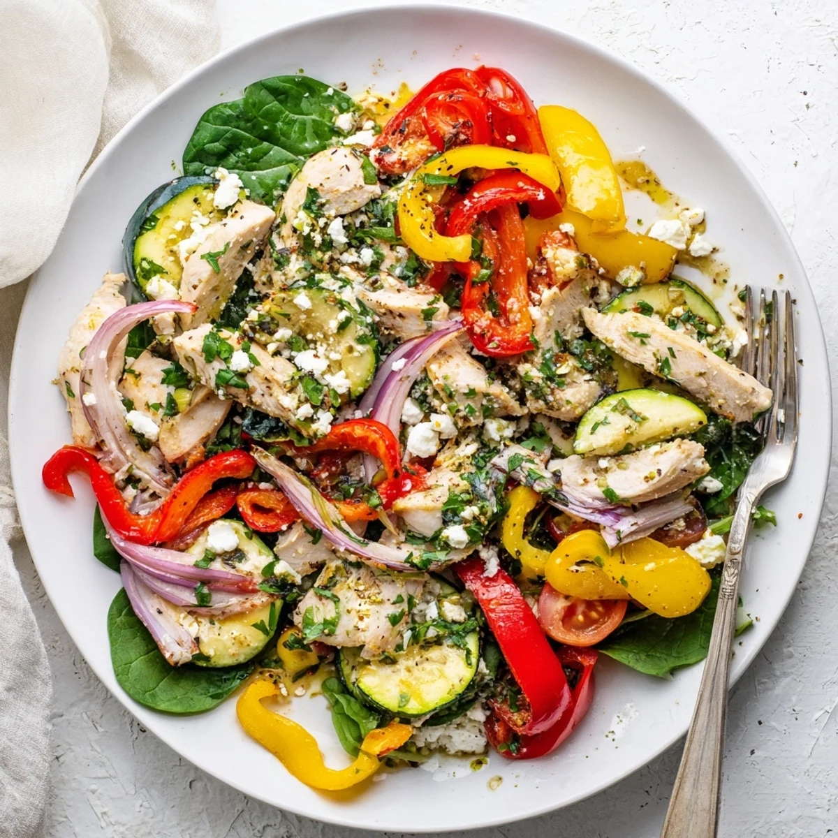 Steaming Mediterranean Chicken Stir Fry served over fluffy quinoa, topped with crumbled feta and parsley garnish.