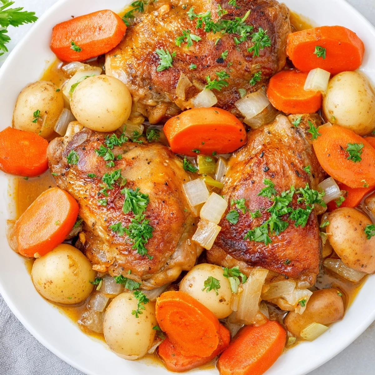 Hearty healthy savory slow cooker chicken bubbling in a crockpot with aromatic vegetables and herbs.