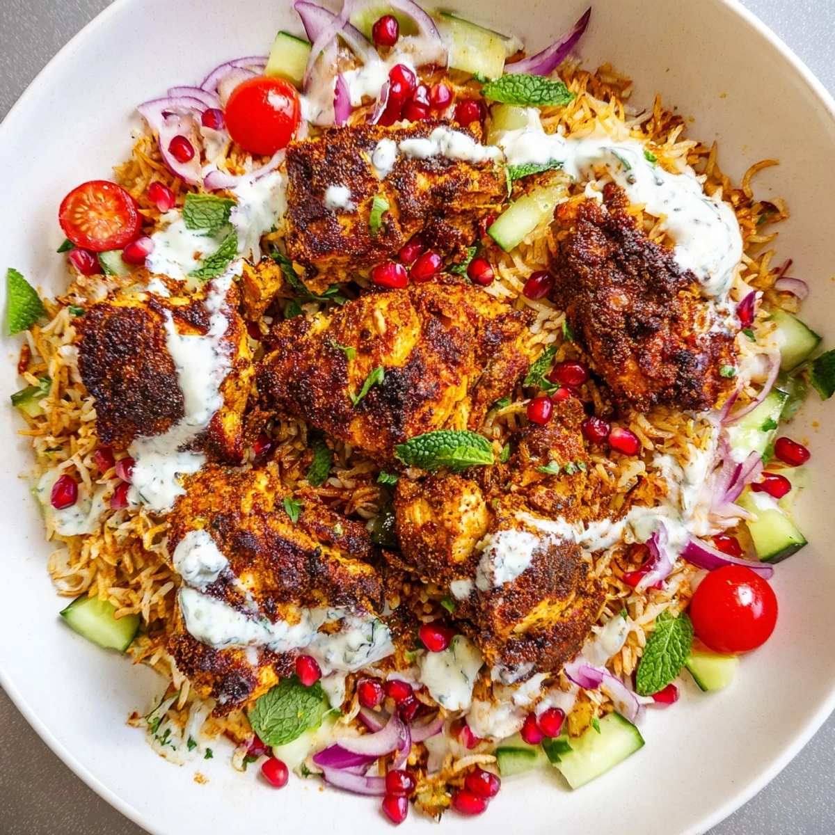Golden-brown shawarma chicken rests atop crispy rice with cucumbers and pomegranate seeds in this Chicken Shawarma Crispy Rice Salad.  