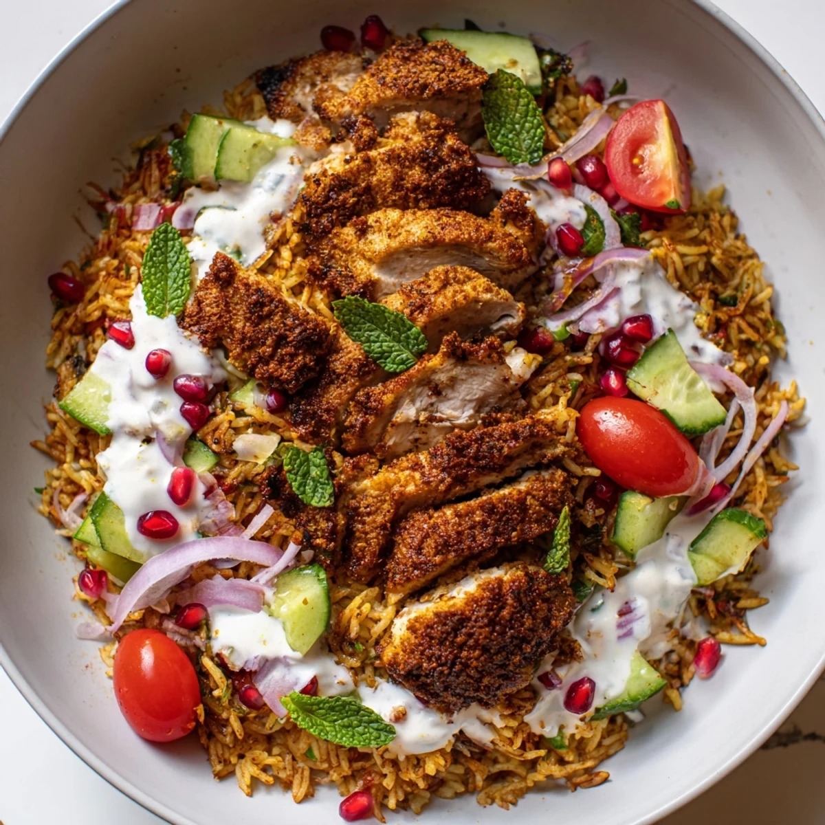 Fresh parsley and mint highlight vibrant vegetables in the Chicken Shawarma Crispy Rice Salad served with creamy yogurt-tahini dressing.  