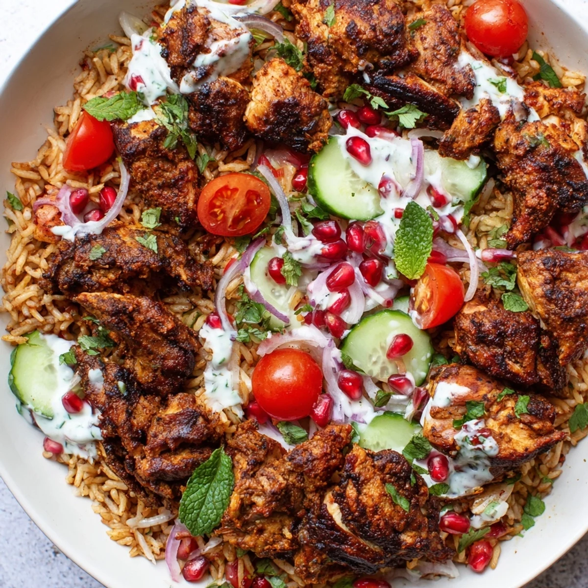 A colorful bowl of Chicken Shawarma Crispy Rice Salad showcases golden crispy rice, spiced chicken, and a drizzle of tahini yogurt sauce.