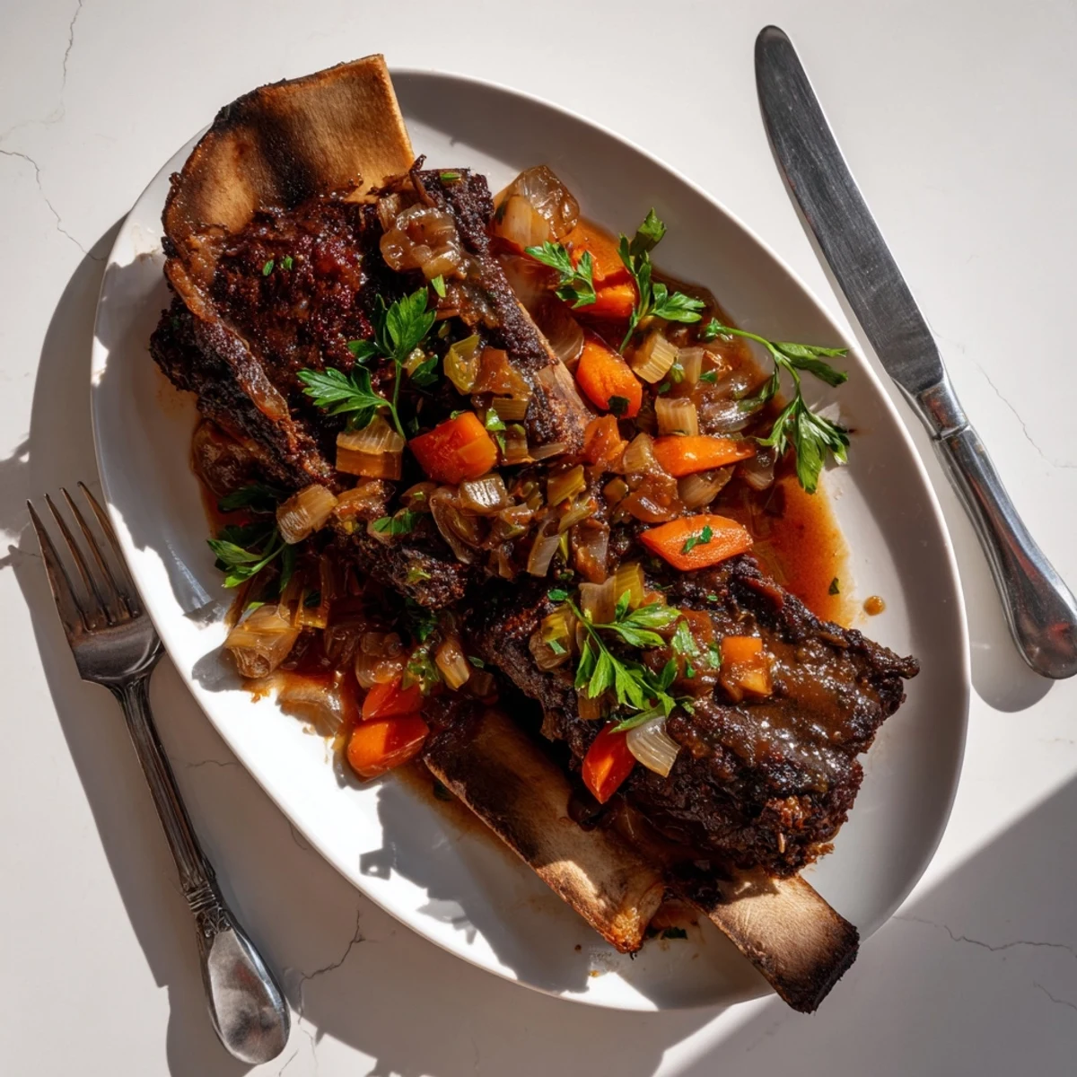 Close-up of juicy Maple Bourbon Glazed Short Ribs, showing caramelized edges and smoky, sweet bourbon glaze.