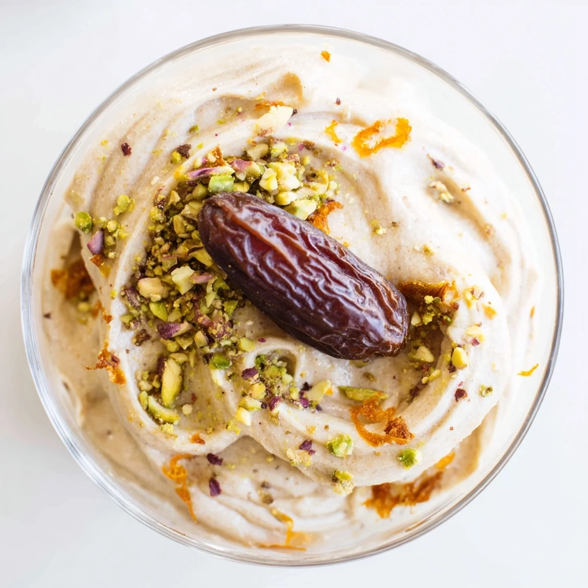 A close view of Lebanese Date Orange Blossom Mousse served in a clear glass with garnish.