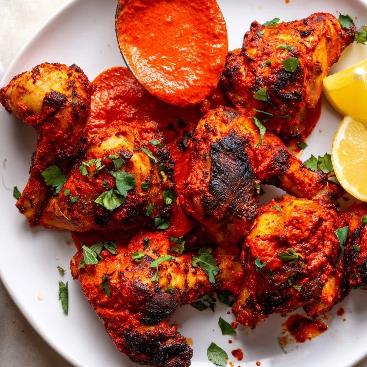 Spicy Peri Peri Chicken showcases charred, crispy skin served with bright lemon wedges and fresh parsley.