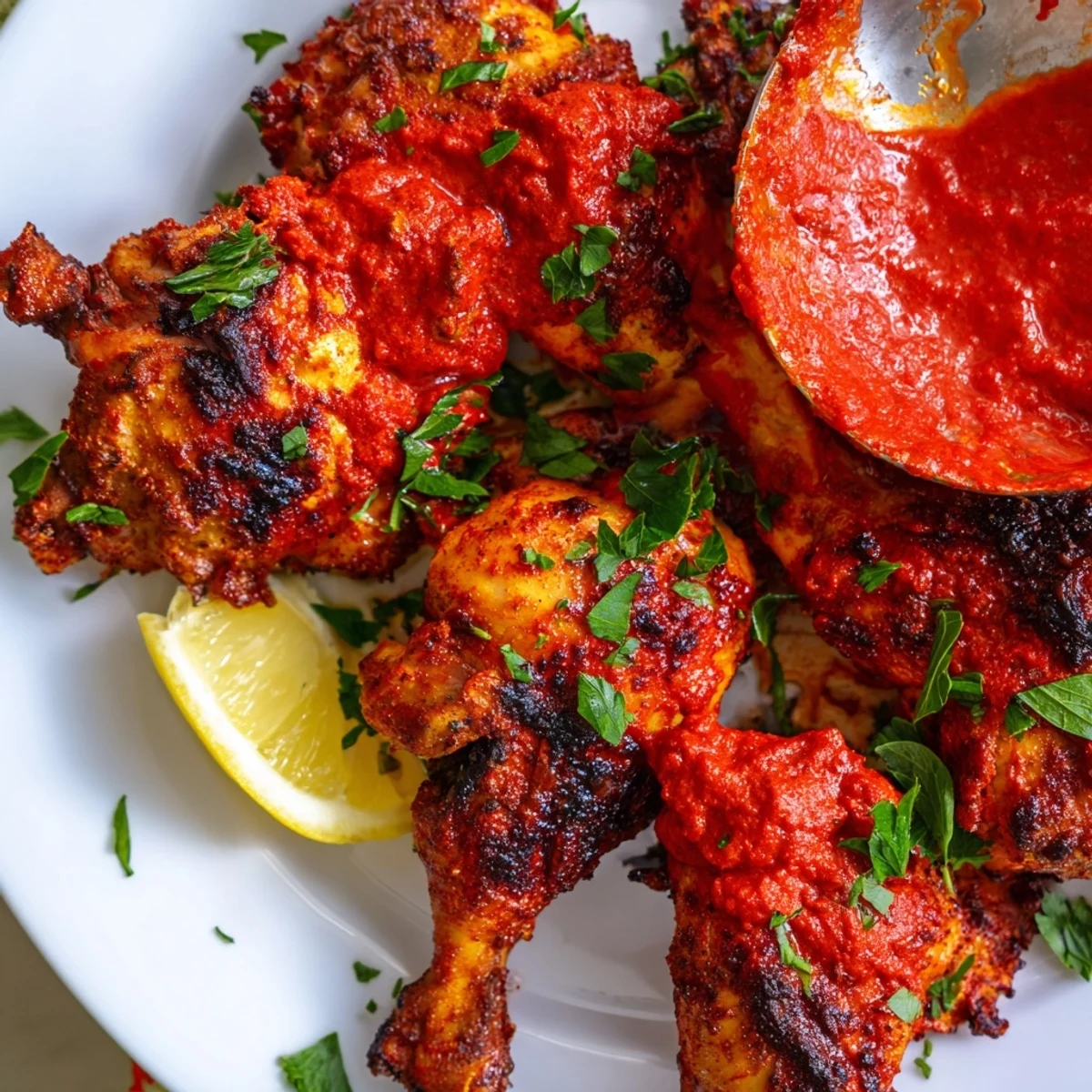 Golden grilled Peri Peri Chicken rests on a plate with vibrant lemon wedges and herbs.