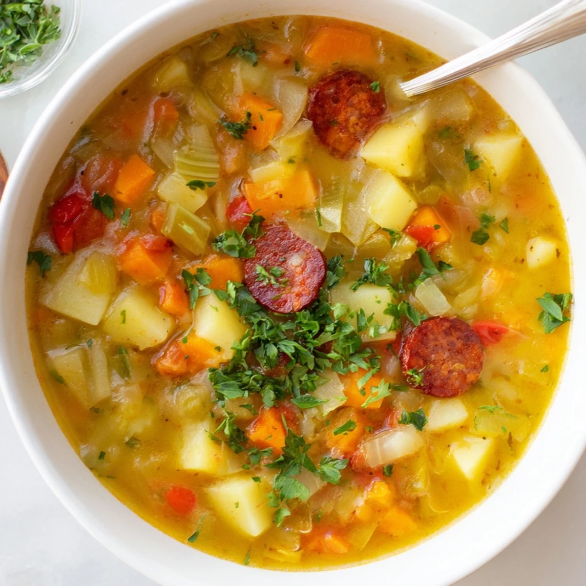 Steaming bowl of Spanish Potato Soup with Chorizo, featuring tender diced potatoes and vibrant vegetables.