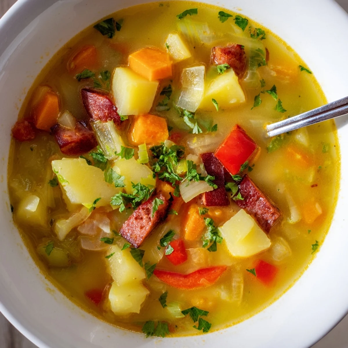 Close-up of Spanish Potato Soup with Chorizo, revealing creamy broth, golden potatoes, and red bell peppers.