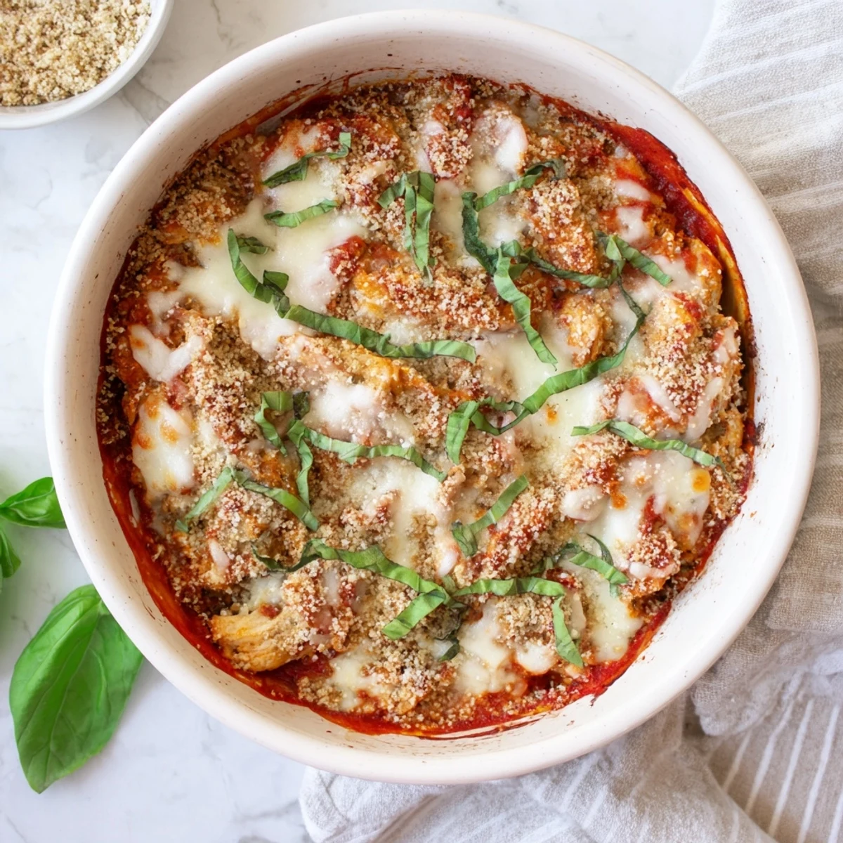 Golden, bubbly Keto Chicken Parmesan Casserole with melted mozzarella and fresh basil garnish served hot.  