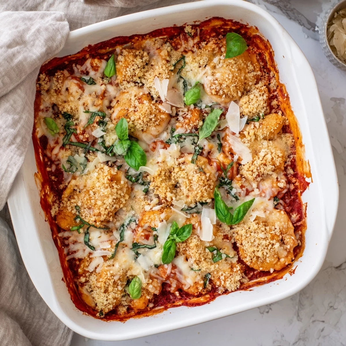 Freshly baked Keto Chicken Parmesan Casserole showing creamy marinara layers and crunchy pork rind topping.  