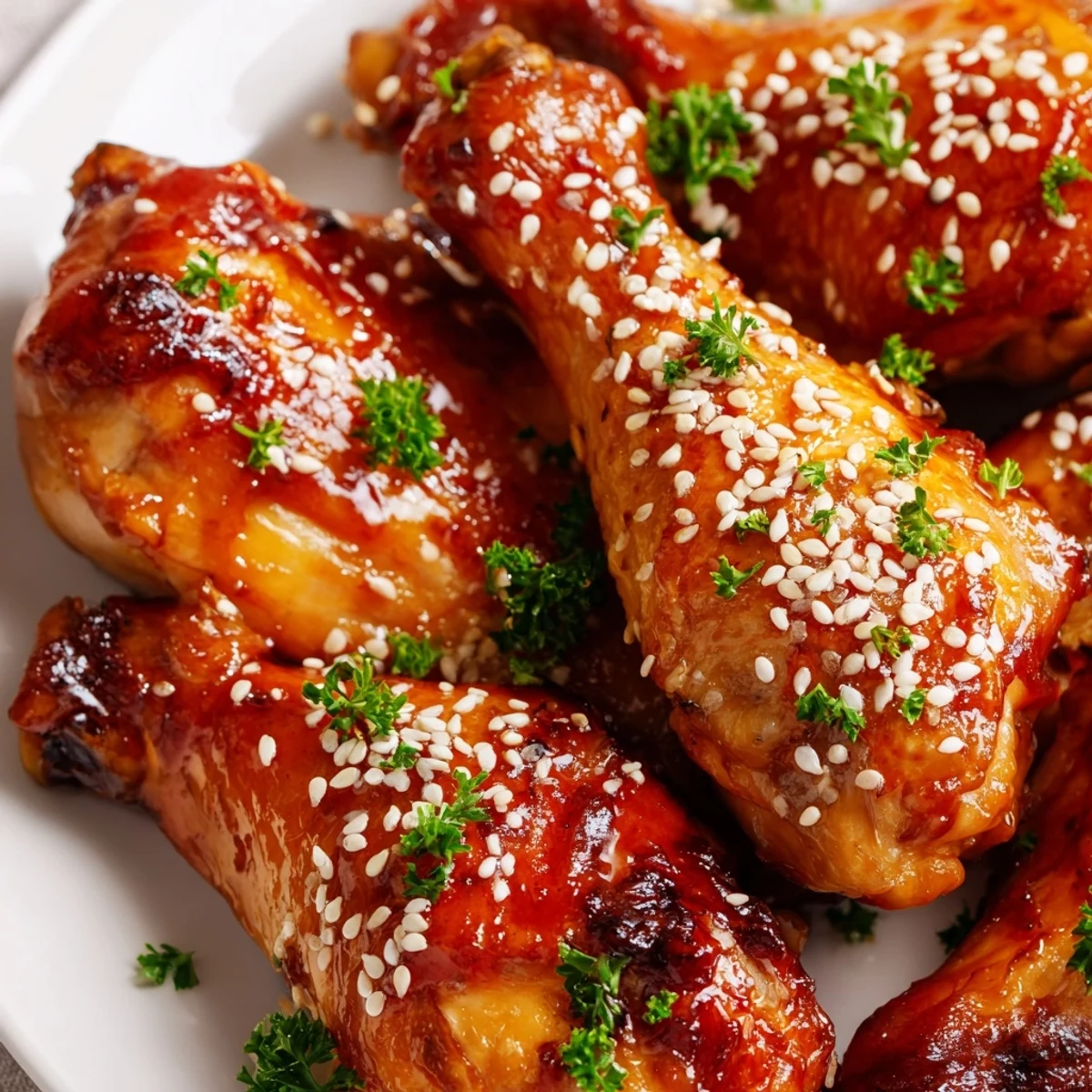 Golden honey garlic baked chicken drumsticks coated in a sticky caramelized glaze