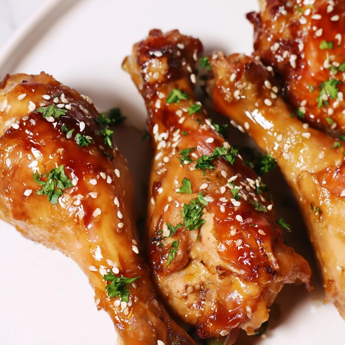 Tender baked chicken drumsticks brushed with sweet garlic honey sauce until glossy