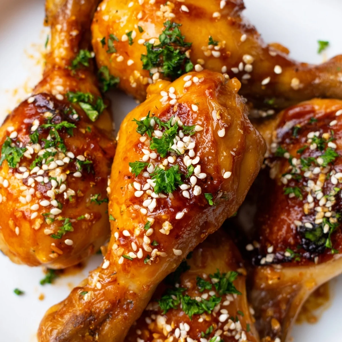 Honey garlic baked chicken drumsticks garnished with sesame seeds and fresh parsley