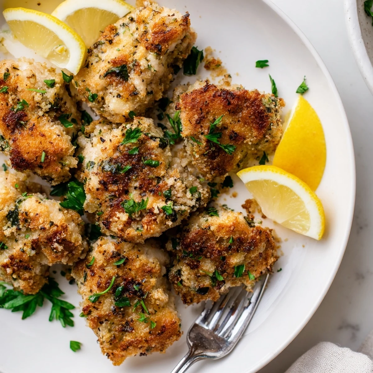 Golden brown air fryer lemon chicken bites garnished with fresh parsley and lemon wedges on a white plate