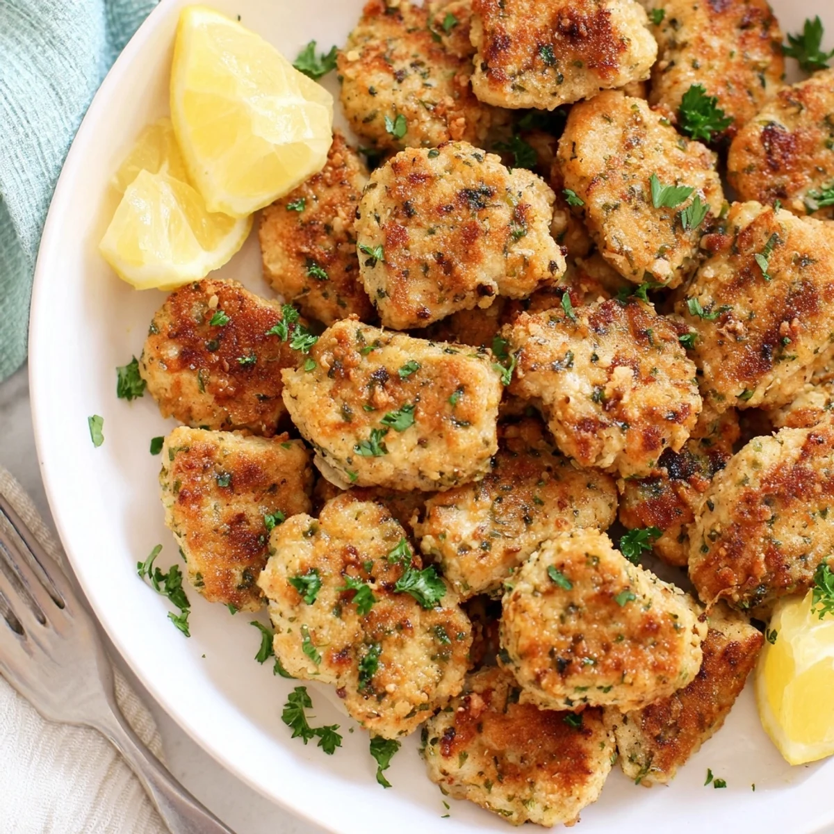 Crispy juicy chicken pieces air fried with zesty lemon herb marinade served as a tasty appetizer