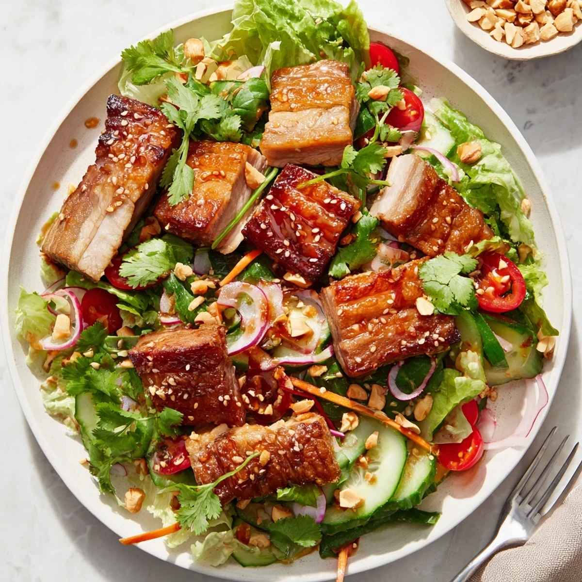 Golden crispy pork belly pieces glazed in tangy sweet and sour sauce over fresh mixed greens and colorful vegetables