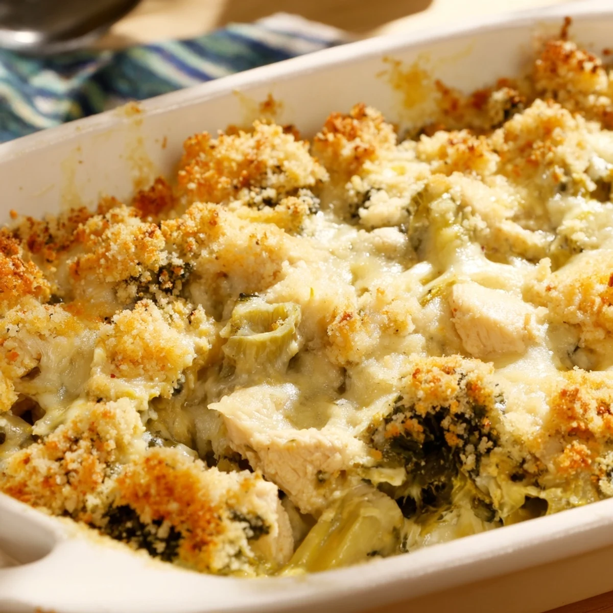 Golden bubbly high protein spinach and artichoke chicken casserole topped with crispy breadcrumbs