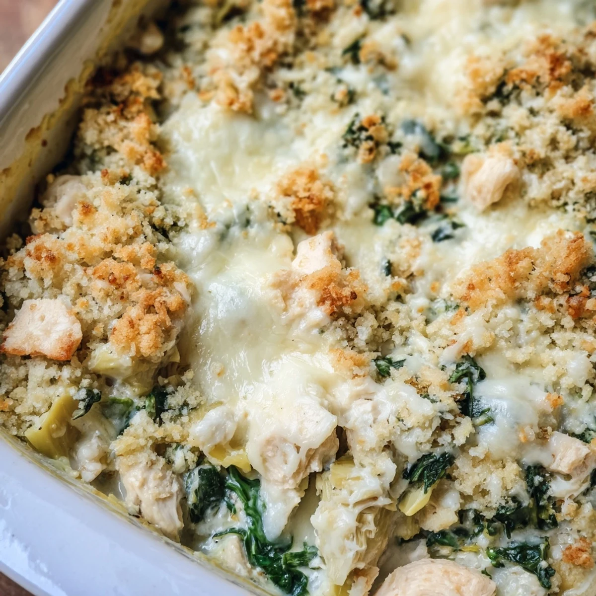 Creamy baked spinach and artichoke chicken casserole served in a white ceramic baking dish