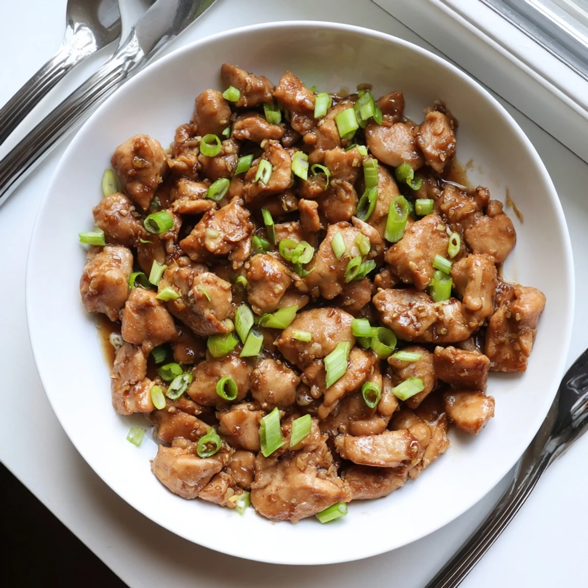 Golden brown Mongolian chicken pieces glazed in shiny sweet and savory caramelized sauce