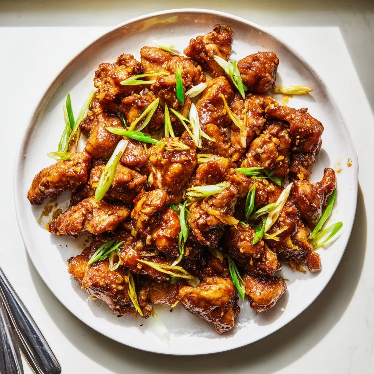 Bite-sized Mongolian chicken coated in thick brown sugar soy sauce served over steaming white rice