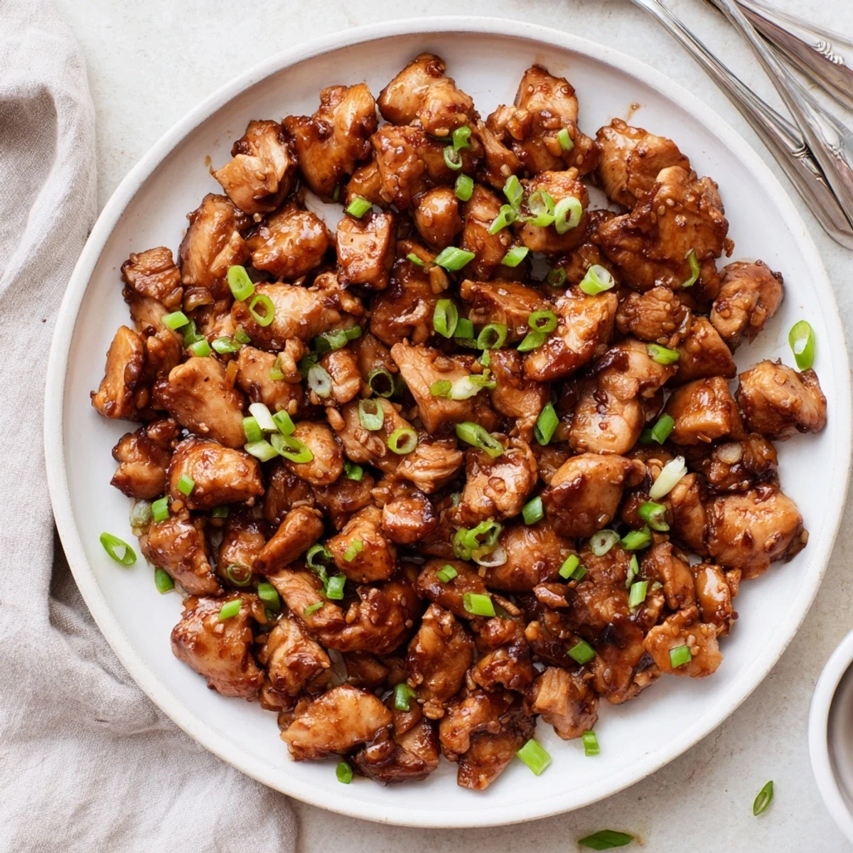 Tender Mongolian chicken simmered in aromatic garlic ginger sauce garnished with fresh green onions