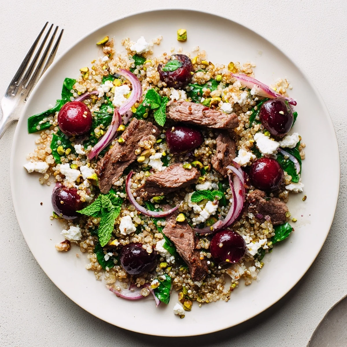 Golden spiced lamb slices served over fluffy quinoa mixed with sweet cherries and peppery arugula