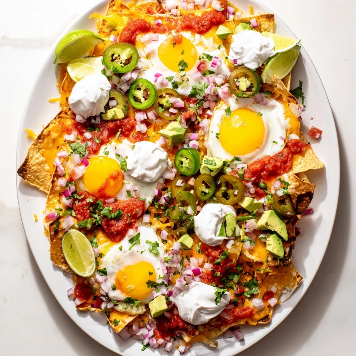 Breakfast nachos plate featuring fried eggs, jalapeños, cilantro, sour cream, and lime wedges for brunch
