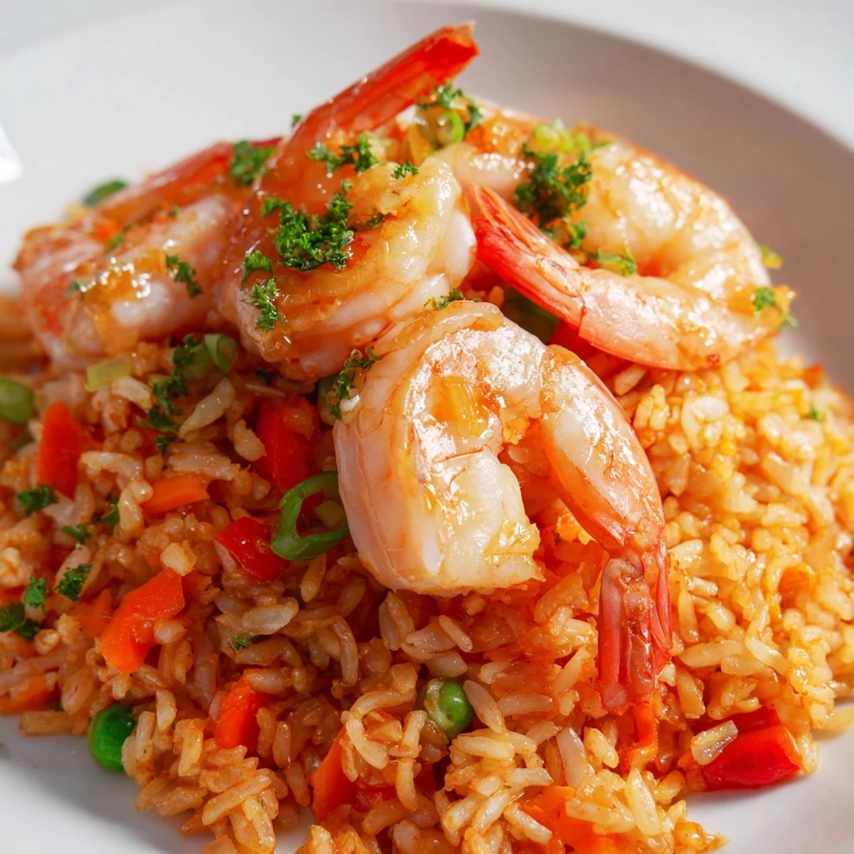 Golden garlic prawns arranged over colorful sweet chilli fried rice with diced vegetables in a bowl