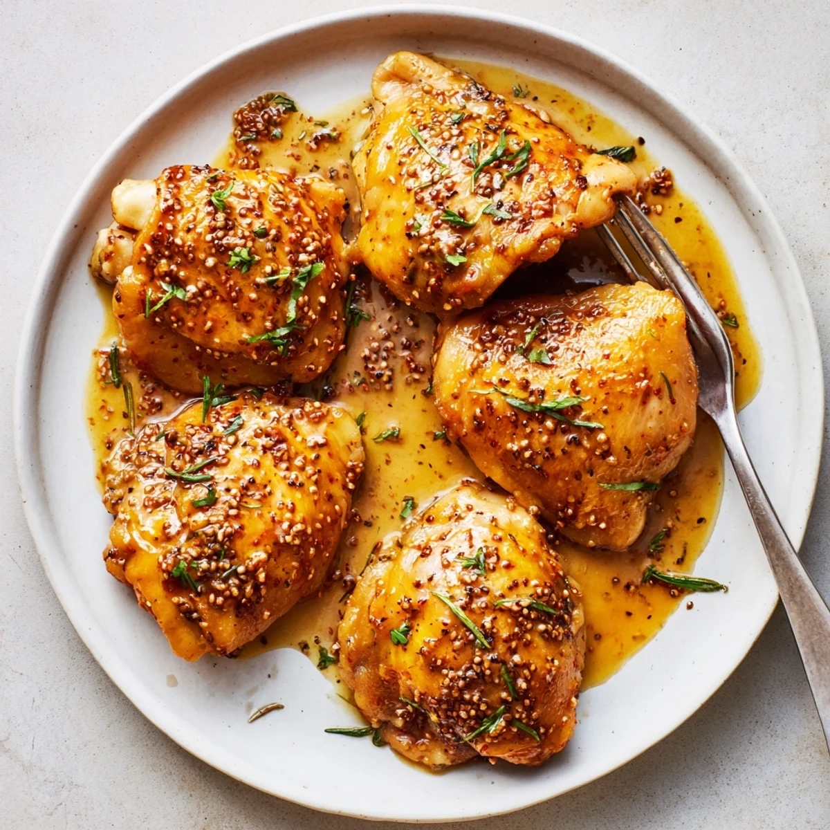 Golden baked honey mustard chicken thighs with caramelized glaze and fresh parsley garnish