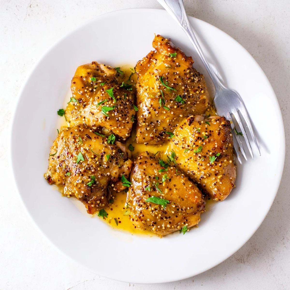 Tender baked honey mustard chicken resting in savory sauce with crispy golden skin