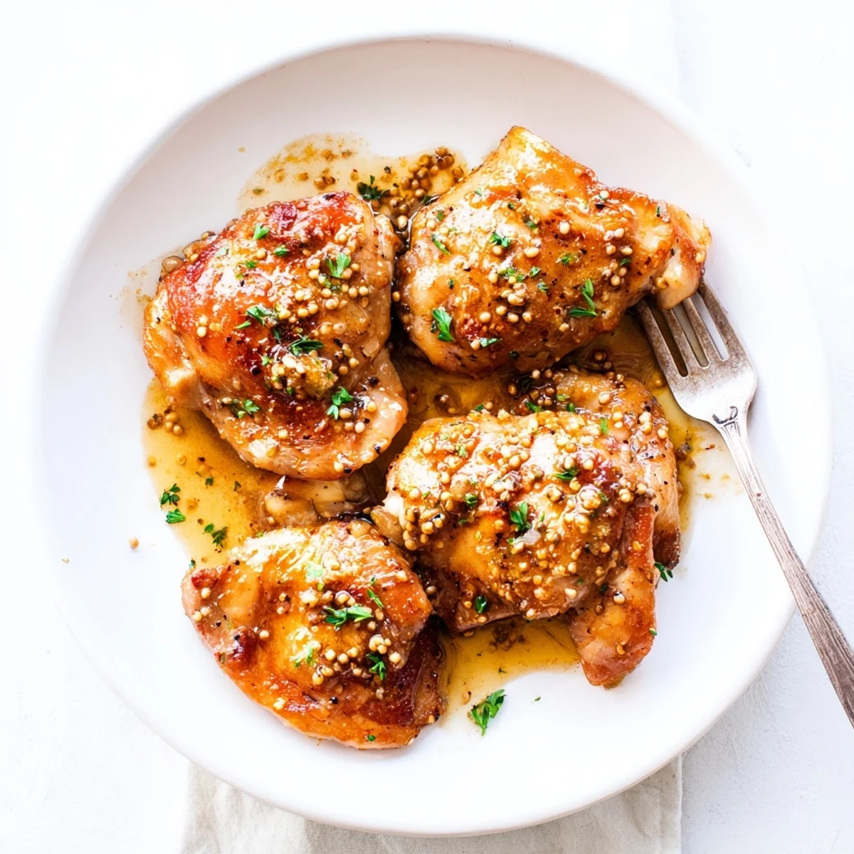 Juicy chicken thighs coated in tangy honey mustard sauce, fresh from the oven