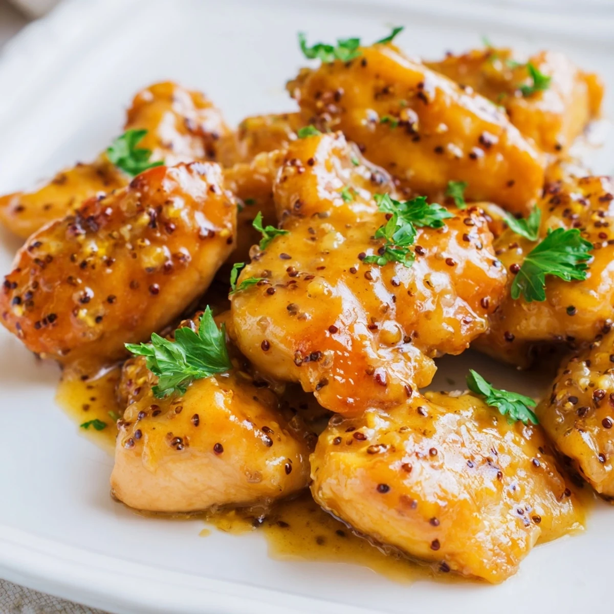 Juicy chicken pieces coated in caramelized honey mustard mixture baked until perfectly golden