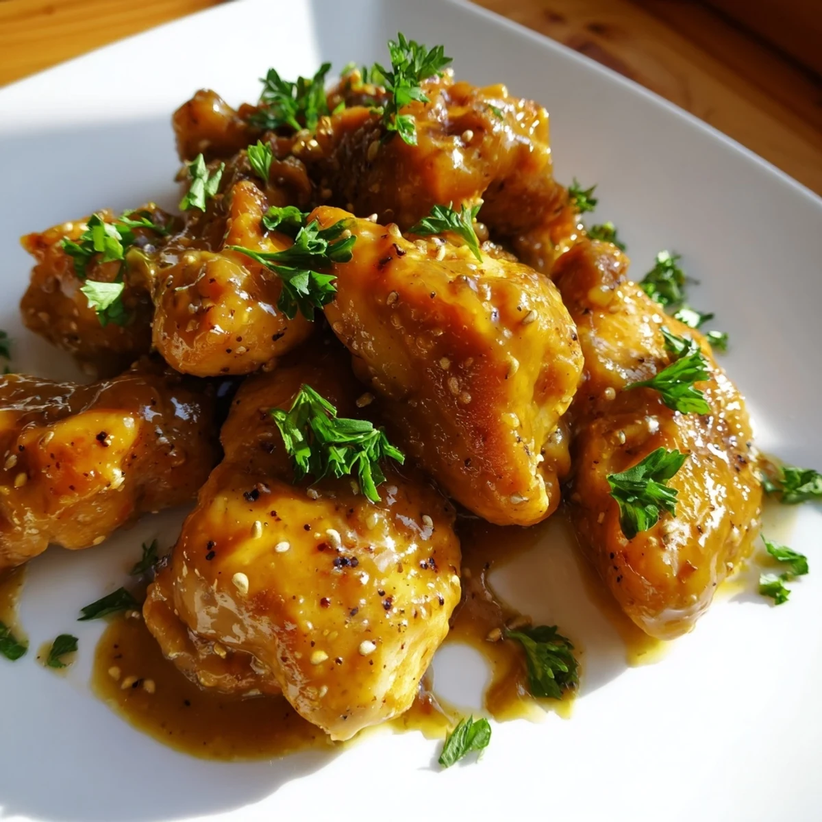 Golden oven baked honey mustard chicken breast glazed with bubbling sweet tangy sauce