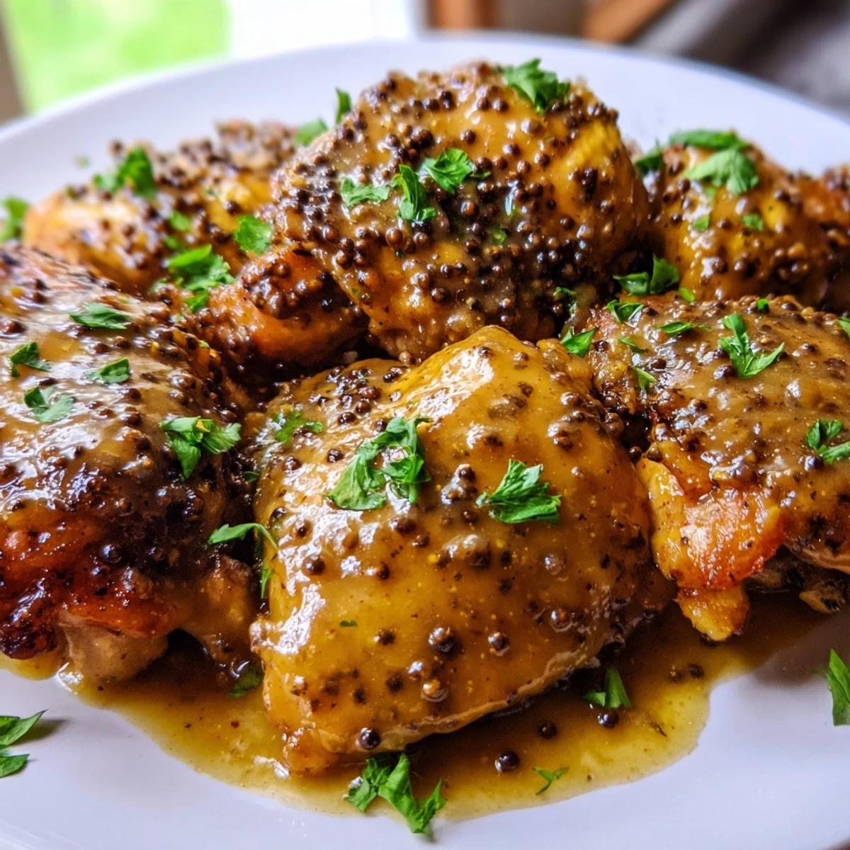 Weeknight dinner showing baked honey mustard chicken resting with fresh parsley garnish