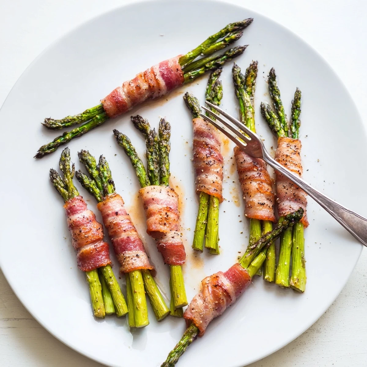 Golden brown bacon wrapped asparagus bundles roasted until crispy on a parchment lined pan