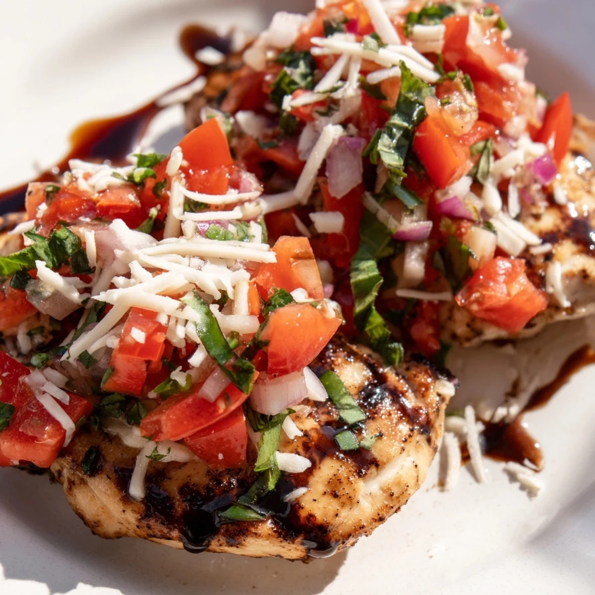 Golden pan-seared Bruschetta Chicken topped with fresh diced tomatoes and melted mozzarella cheese
