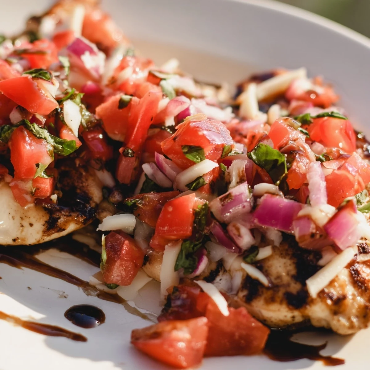 Juicy baked Bruschetta Chicken breast crowned with colorful tomato bruschetta and savory herbs