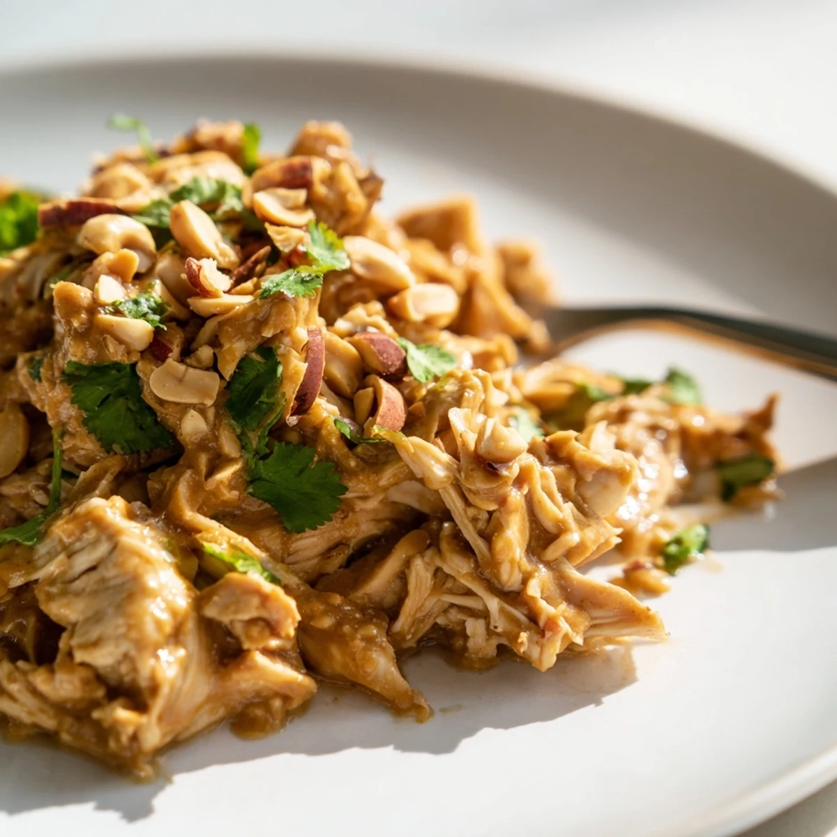 Golden slow cooker peanut chicken pieces swimming in rich creamy sauce with vibrant red bell peppers and fresh green cilantro garnish