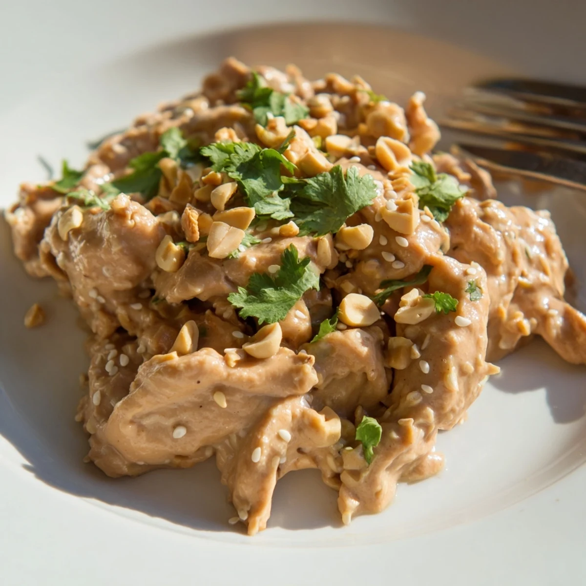 Tender shredded slow cooker peanut chicken draped over fluffy white jasmine rice with crunchy roasted peanut topping and lime wedge