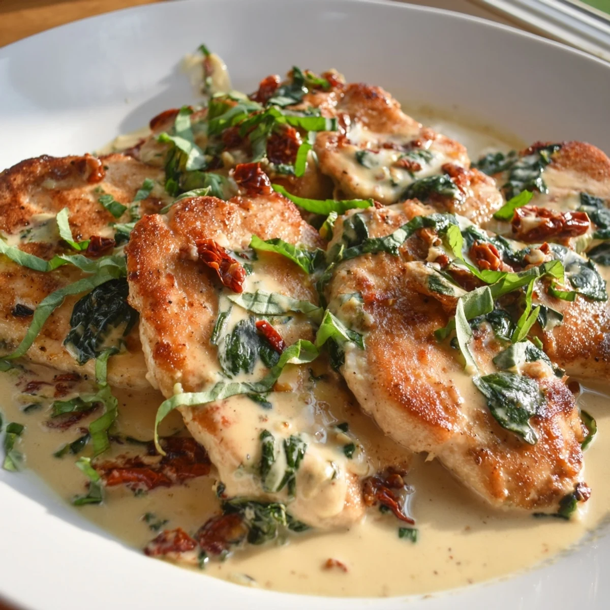Golden pan-seared chicken breasts swimming in creamy garlic parmesan sauce with sun-dried tomatoes