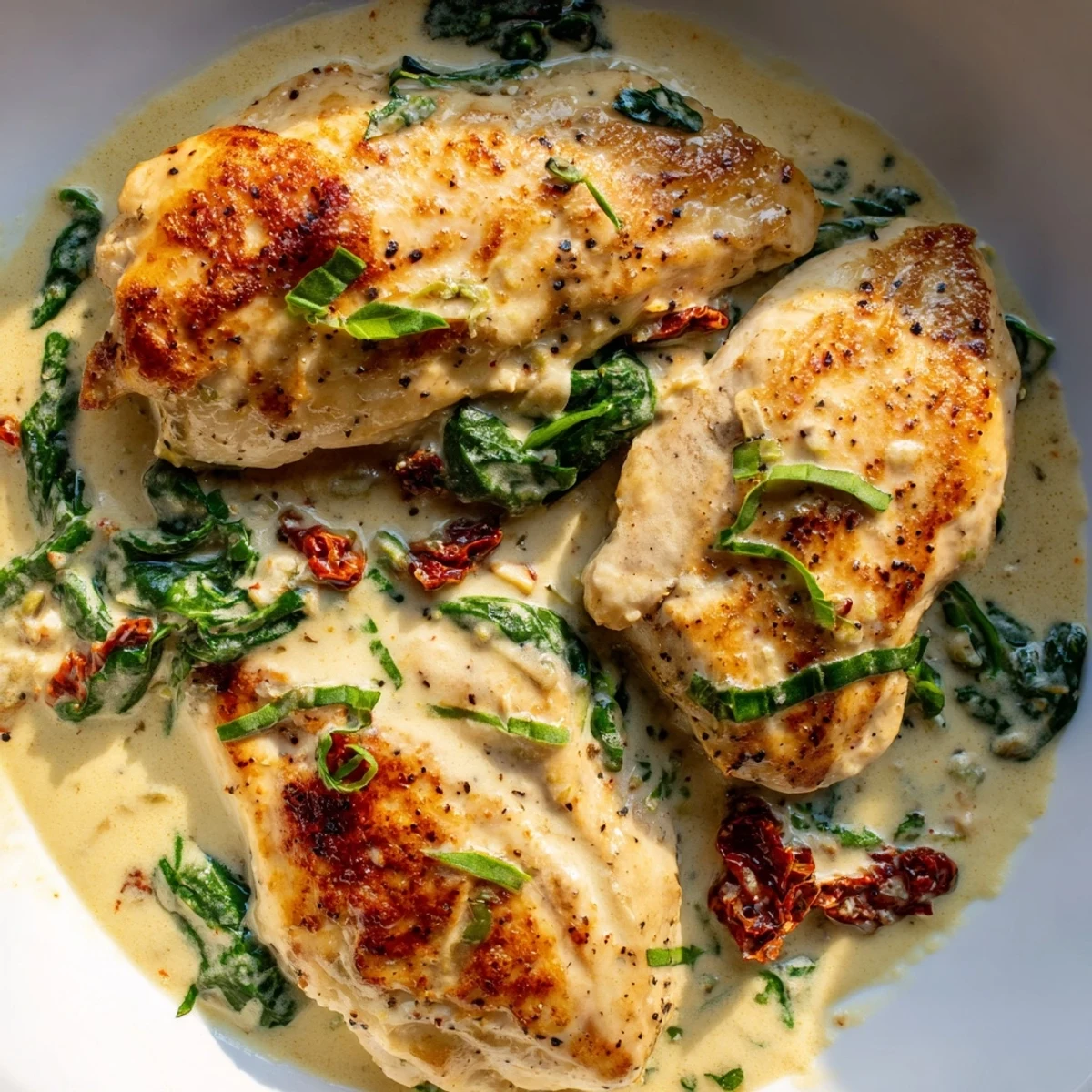 Plated low carb creamy Tuscan chicken garnished with fresh basil over rich white spinach sauce