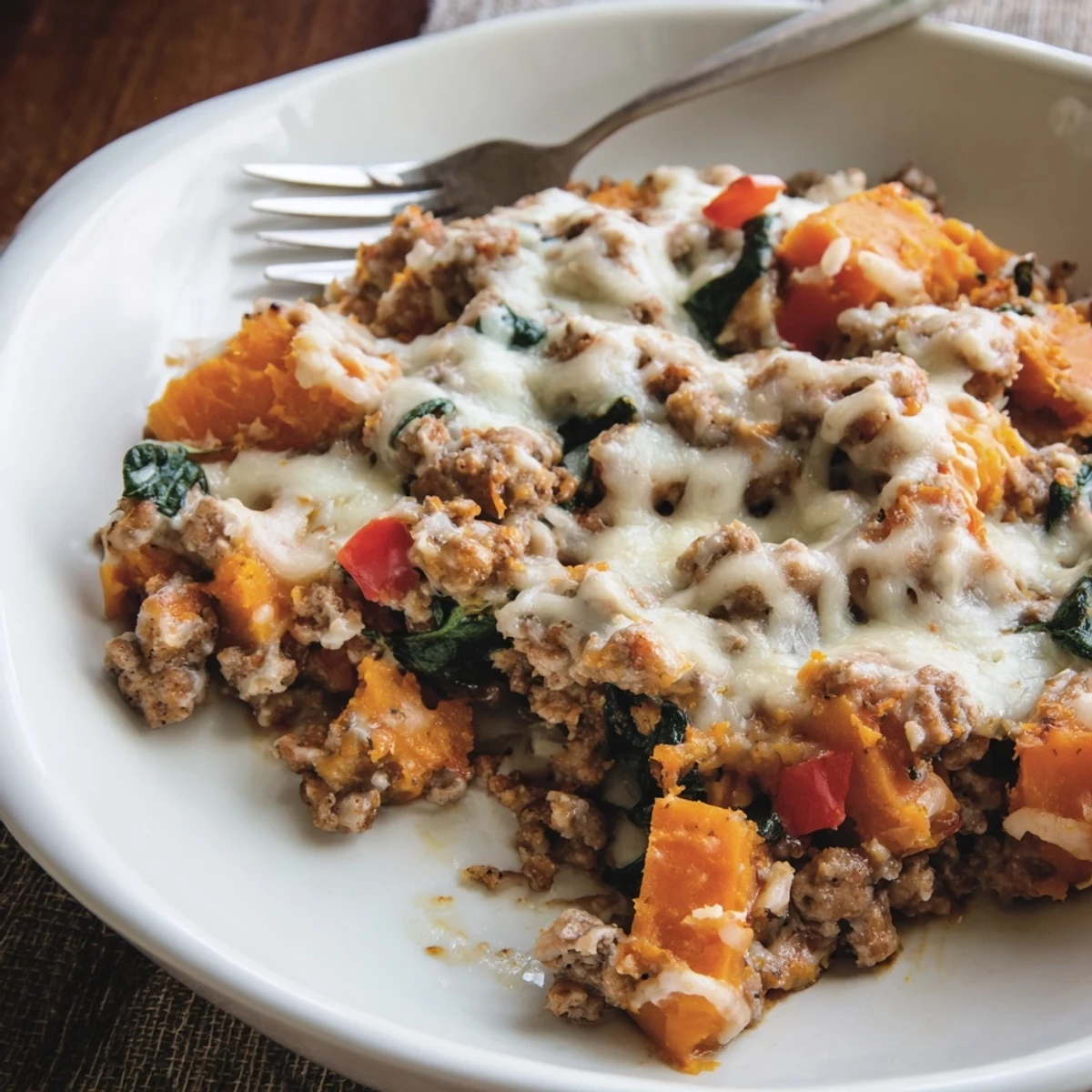 Golden cheesy ground turkey sweet potato bake casserole with melted mozzarella and Parmesan topping