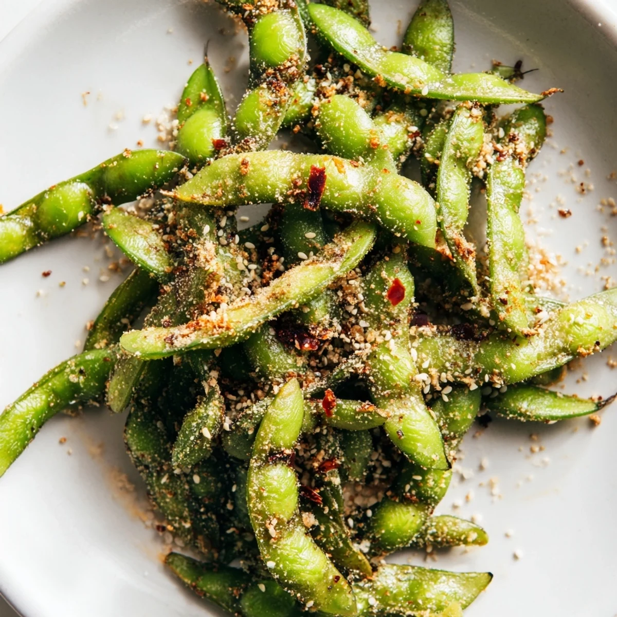 Golden air fryer edamame pods seasoned with garlic and paprika in a serving bowl
